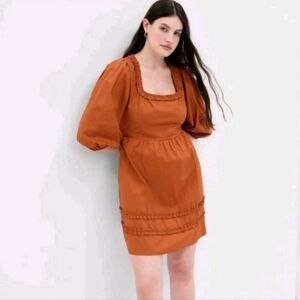 GAP Dress Size 6 Rusty Brown Cotton Puff Sleeve Ruffle Neck Mini‎